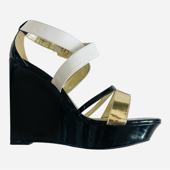 SHOEDAZZLE MORGANA Black Gold White Open Toe Platform Wedge Sandals Size 8 NIB - Picture 7 of 11